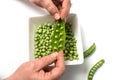 hands of woman peeling fresh organic peas on white table background Royalty Free Stock Photo