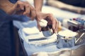 Closeup of hands with wound sanitize solution