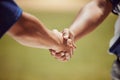 Closeup, handshake and baseball for game, match or contest with respect in sport on field. Shaking hands, man and Royalty Free Stock Photo