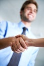 Closeup, handshake and deal of business people, teamwork and thank you in agreement of partnership. Hiring, networking