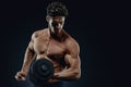 Closeup of a handsome power athletic man bodybuilder doing exercises with dumbbell. Royalty Free Stock Photo