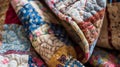 A closeup of a handstitched quilt featuring a patchwork of different fabrics and patterns Royalty Free Stock Photo