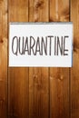 Closeup handwritten warning sign `Quarantine` on wooden wall or door.