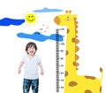 Closeup happy asian kid stand for measure height with cute cartoon isolated on white background Royalty Free Stock Photo