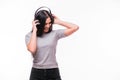 Closeup of happy brunet caucasian girl listen dancing to music with headphones Royalty Free Stock Photo