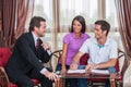 Closeup on happy man signing agreement on new house. Royalty Free Stock Photo