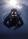 Closeup of a happy scuba diver underwater facing the camera