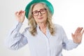 Closeup of happy stylish senior woman in business glasses and summer hat . Positive life living of elderly people. Healthy Royalty Free Stock Photo