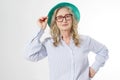 Closeup of happy stylish senior woman in business glasses and summer hat . Positive life living of elderly people. Healthy