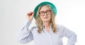 Closeup of happy stylish senior woman in business glasses and summer hat . Positive life living of elderly people. Healthy Royalty Free Stock Photo