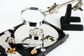 Closeup - hard disk repair and magnifying glass Royalty Free Stock Photo
