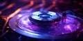 Closeup hard drive disc CD ROM. Purple neon record player. Music vinyl dj booth. Digital hardware equipment. Royalty Free Stock Photo