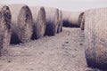 Closeup of the hay bales in the field. Tuscany, Italy. The countryside landscape. Royalty Free Stock Photo