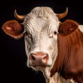 closeup head of a brown white cow, isolated on black background, looking forward, Royalty Free Stock Photo