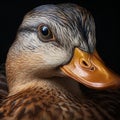 Closeup of the head of a duck featuring a vibrant yellow beak, AI-generated.