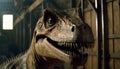 Closeup on head with sharp teeth of carnivorous dinosaur Tyrannosaurus . Prehistoric predator. Generative AI