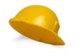 closeup head yellow construction hardhat white background Royalty Free Stock Photo