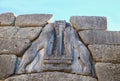 Closeup of headless lions on the Lion Gate that was the main entrance of the Bronze Age citadel of Mycenae in southern Greece Royalty Free Stock Photo