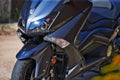 Closeup of Headlights of Modern City Motorcycle Standing Outdoor Royalty Free Stock Photo