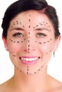 Closeup headshot caucasian woman with dotted lines drawn around face looking into camera, preparing cosmetic surgery