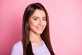 Closeup headshot photo portrait of pretty smiling brunette girl isolated on pastel pink color background Royalty Free Stock Photo