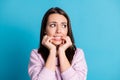 Closeup headshot photo of pretty horrified young lady anxious look empty space biting nails husband come home drunk