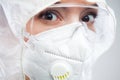 Closeup headshot of terrified UK NHS female nurse or doctor wearing protective PPE face mask Royalty Free Stock Photo