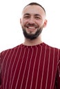 Closeup vertical image of unshaven man face posing and looking at camera. Male with beautiful smile. Teeth whitening Royalty Free Stock Photo