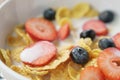 Closeup of healthy breakfast with corn flakes and berries in white bowl Royalty Free Stock Photo