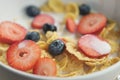 Closeup of healthy breakfast with corn flakes and berries in white bowl Royalty Free Stock Photo