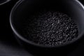 Closeup of a heap of black sesame seeds in a bowl