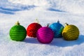 Closeup heap of christmas toys lie on snow