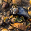 Closeup of a heap of different seashells on the shore