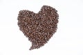 Closeup heart pattern was made by roasted coffee beans