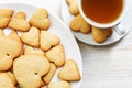 Closeup heart-shaped cookies and a cup of tea