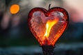 closeup of a heartshaped lantern with a fiery glow lifting off at dusk