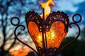 closeup of a heartshaped lantern with a fiery glow lifting off at dusk