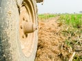 Closeup of a heavy duty tire ruing off road Royalty Free Stock Photo