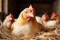 closeup of a hen in a chicken coop hatching eggs on straw