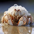 Closeup of a hermit crab nestled in the sand with drops of sea water.