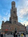 Closeup on the high iconic 13th century historic gotthic Belfort , belfry , tower at market square