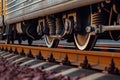 closeup of highspeed train wheels on tracks Royalty Free Stock Photo