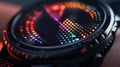 A closeup of a hightech watch with a sleek black s and a digital face displaying constantly changing patterns and colors