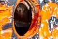 Closeup of hole where porthole window was in wooden hull of old Royalty Free Stock Photo