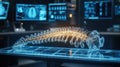 A closeup of a holographic display projecting a spine reconstructed in real time with translucent layers of bone and