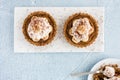 Closeup of Homemade Banoffee Pie Tart on Blue Concrete Background D