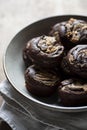Closeup of homemade chocolate muffins on a tin dish Royalty Free Stock Photo