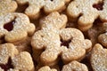 Closeup of homemade Linzer cookies in the shape of Easter bunnies