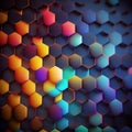 Closeup honeycomb grid texture with multi coloured neon light. Red and dark metal hexagon shaped pattern abstract background