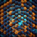 Closeup honeycomb grid texture with multi coloured neon light. Red and dark metal hexagon shaped pattern abstract background